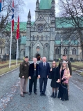 In front of Nidaros Cathedral, Trondheim, Norway_L-R: MG Shawn Manke, Charles Kapsner, MN Governor Tim Walz, Sasha Bergman, Catherine Stoch, BG Lowell Kruse_